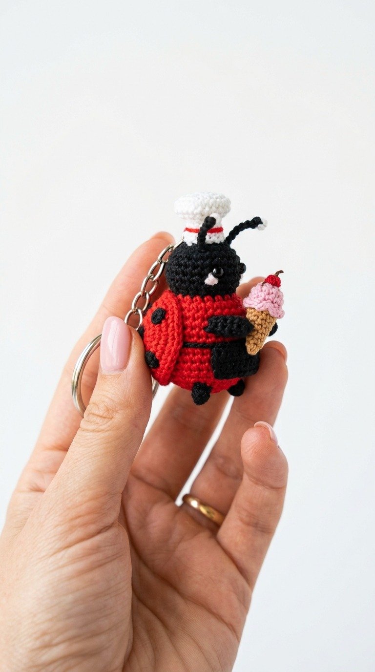 Tiny Crochet Ladybug Chef Keychain Free Pattern