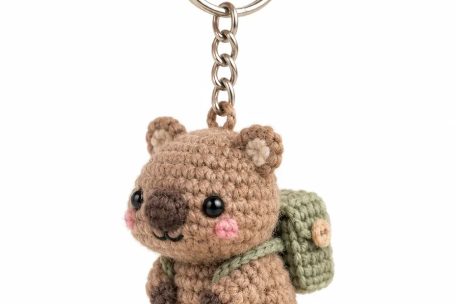 Crochet quokka keychain with a green mini backpack and a happy smiling face on a silver keyring