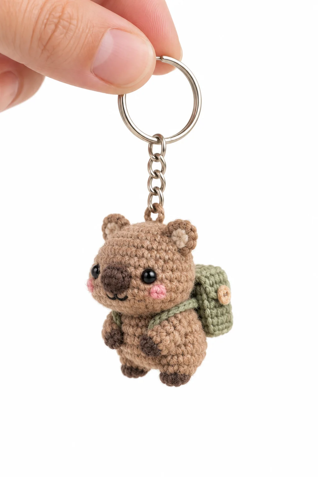 Crochet quokka keychain with a green mini backpack and a happy smiling face on a silver keyring