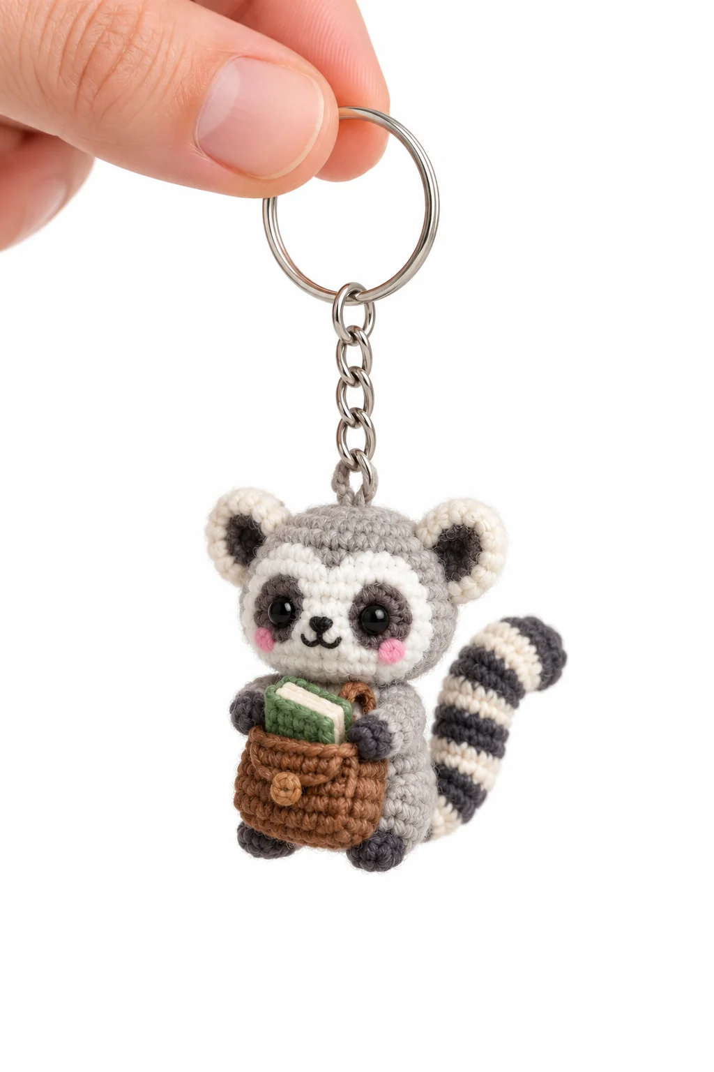 Crochet ring-tailed lemur keychain with a striped tail carrying a brown satchel with a green book on a silver keyring