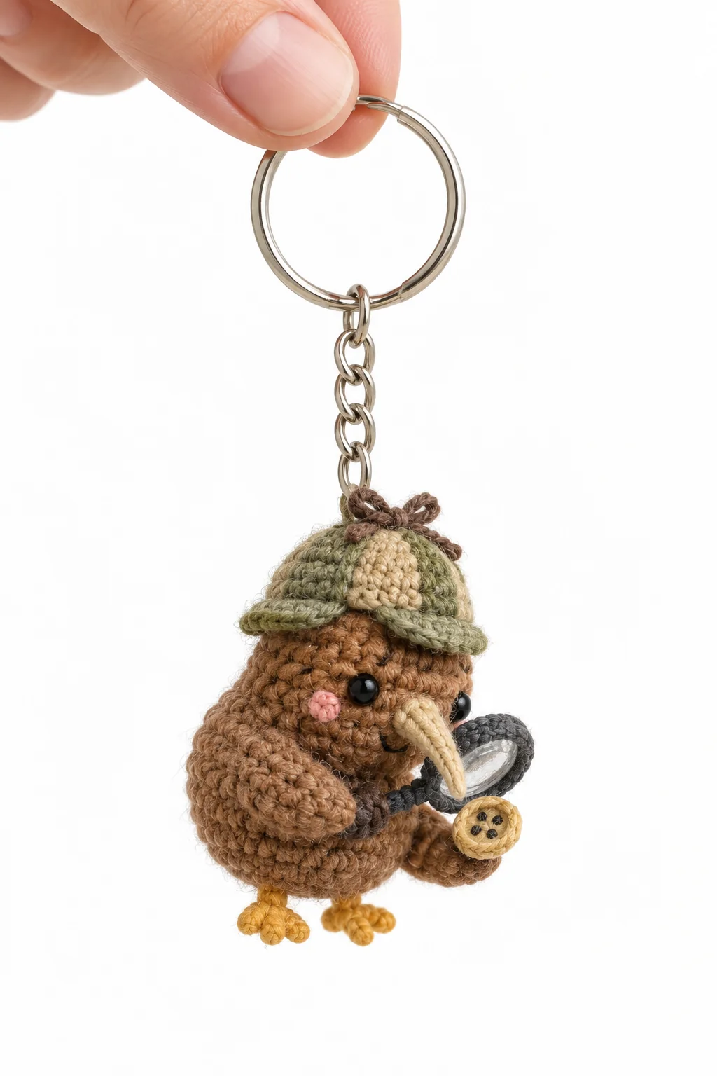 Crochet kiwi bird keychain in a green deerstalker hat holding a magnifying glass and a large button on a silver keyring
