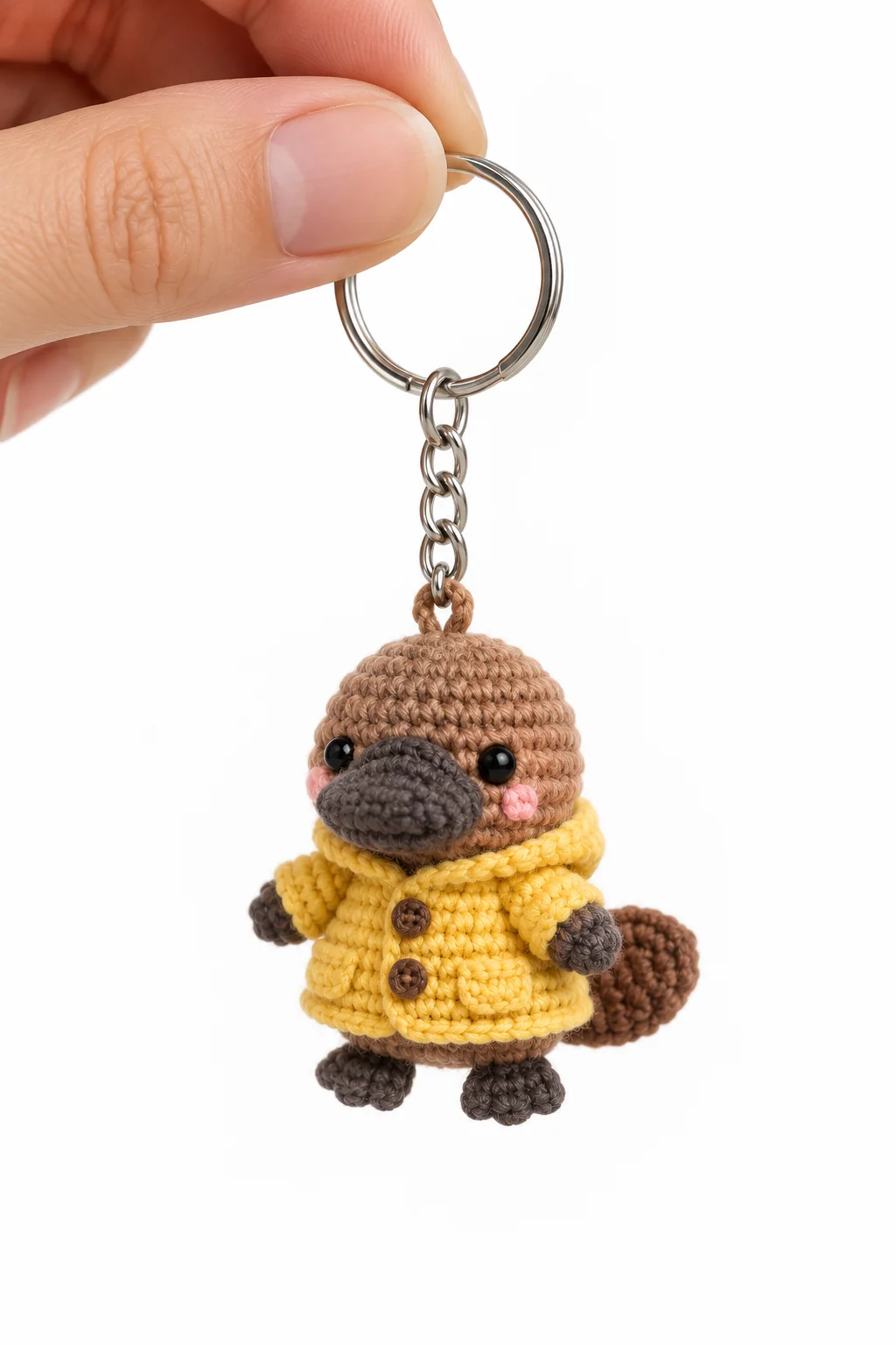 Crochet platypus keychain wearing a yellow hooded raincoat with brown buttons on a silver keyring