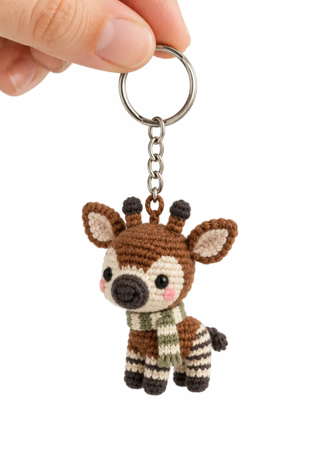 Crochet okapi keychain with big ears, striped legs and a green striped scarf on a silver keyring