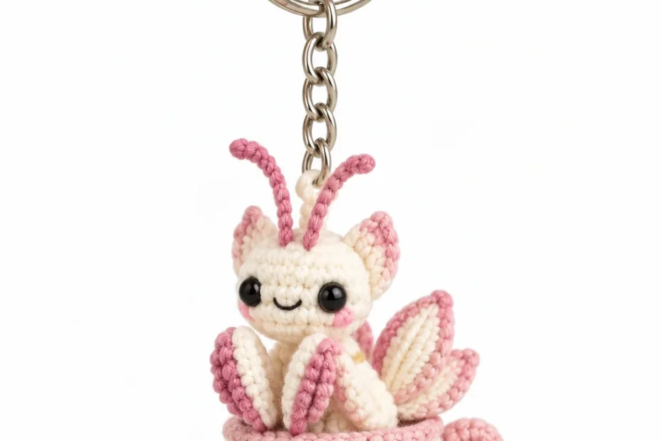 Crochet butterfly keychain with pink-tipped cream wings and antennae sitting inside a floral pink teacup