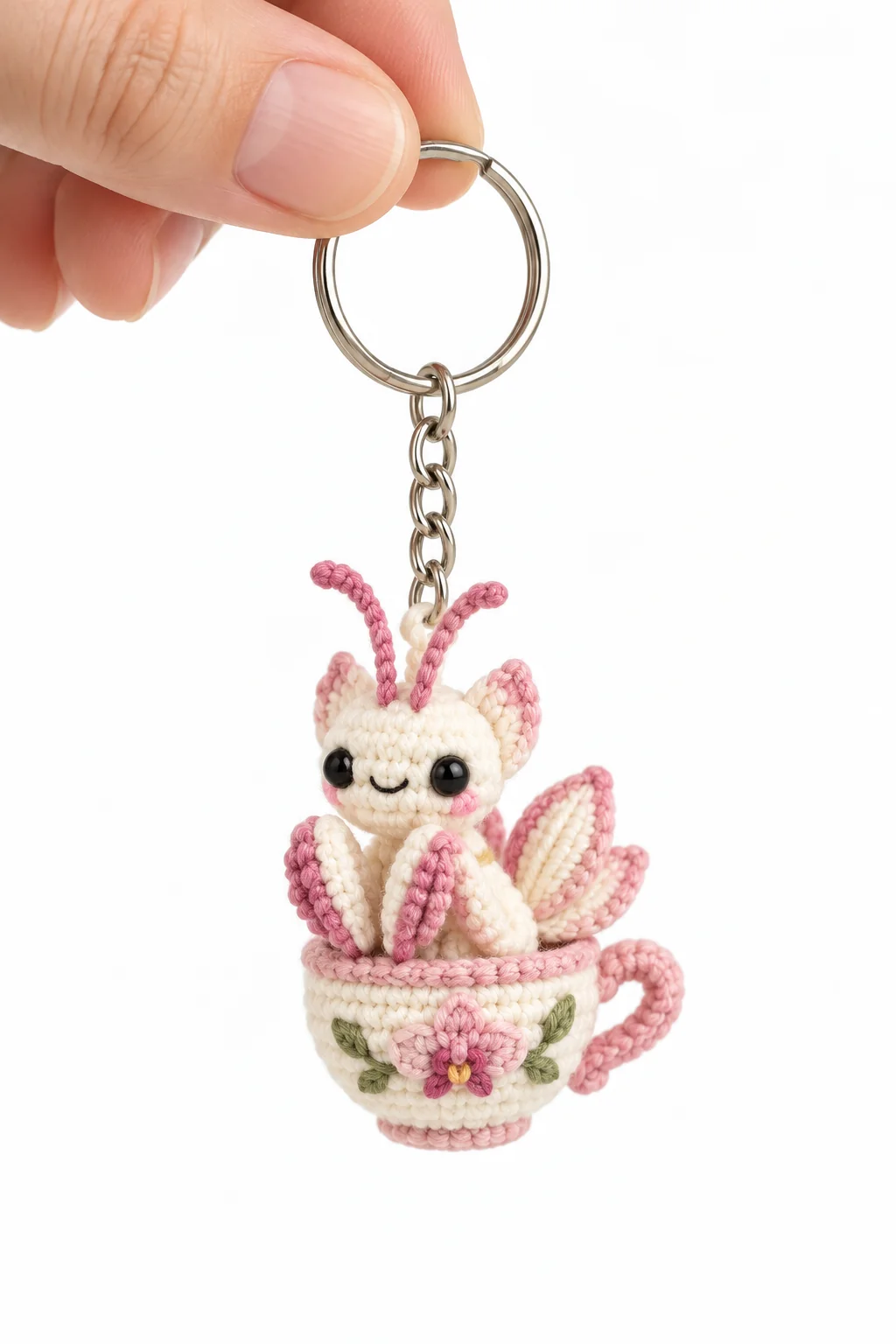 Crochet butterfly keychain with pink-tipped cream wings and antennae sitting inside a floral pink teacup