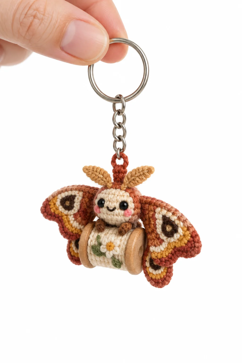Crochet moth keychain with rust, orange and cream patterned wings perched on a wooden thread spool with a floral band