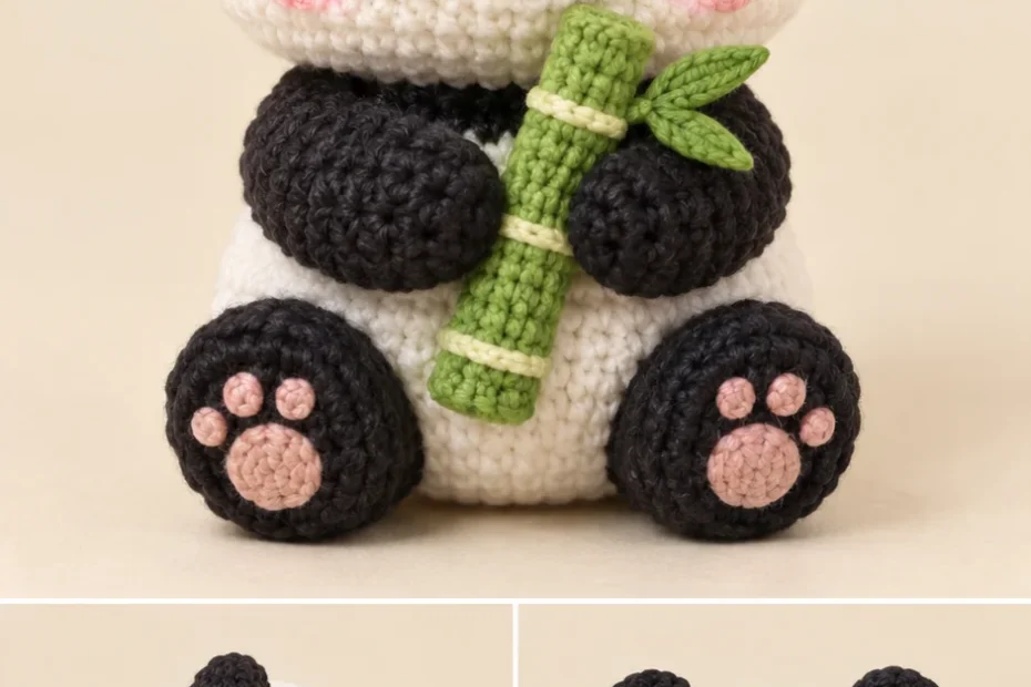 Crochet panda amigurumi with black ears and eye patches holding a green bamboo stalk, pink paw pads, shown from three angles
