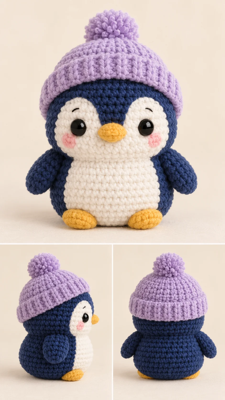 Crochet penguin amigurumi in navy and cream wearing a lavender pompom beanie, shown from three angles