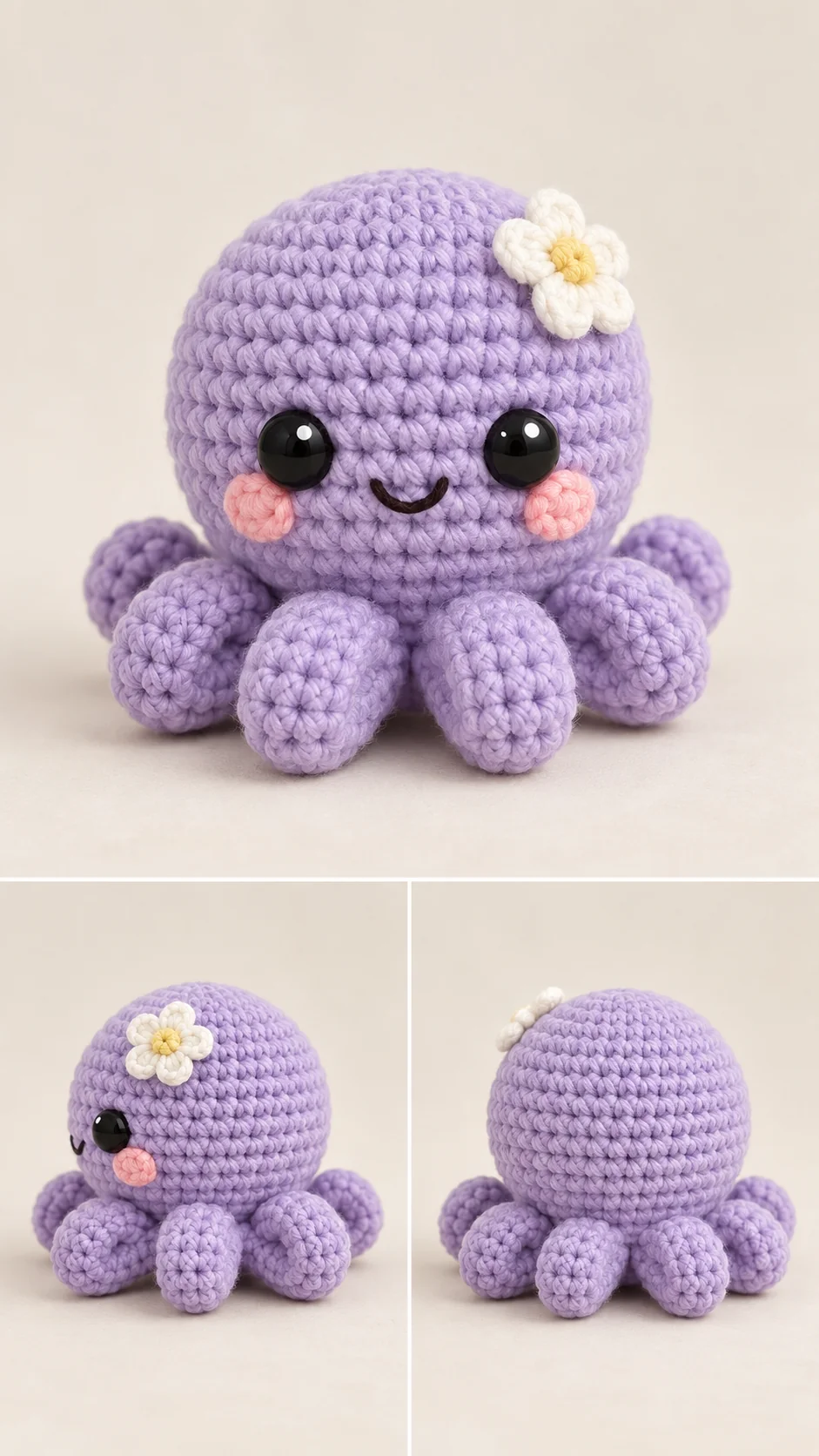 Crochet purple octopus amigurumi with a white flower on its head and eight curled tentacles, shown from three angles