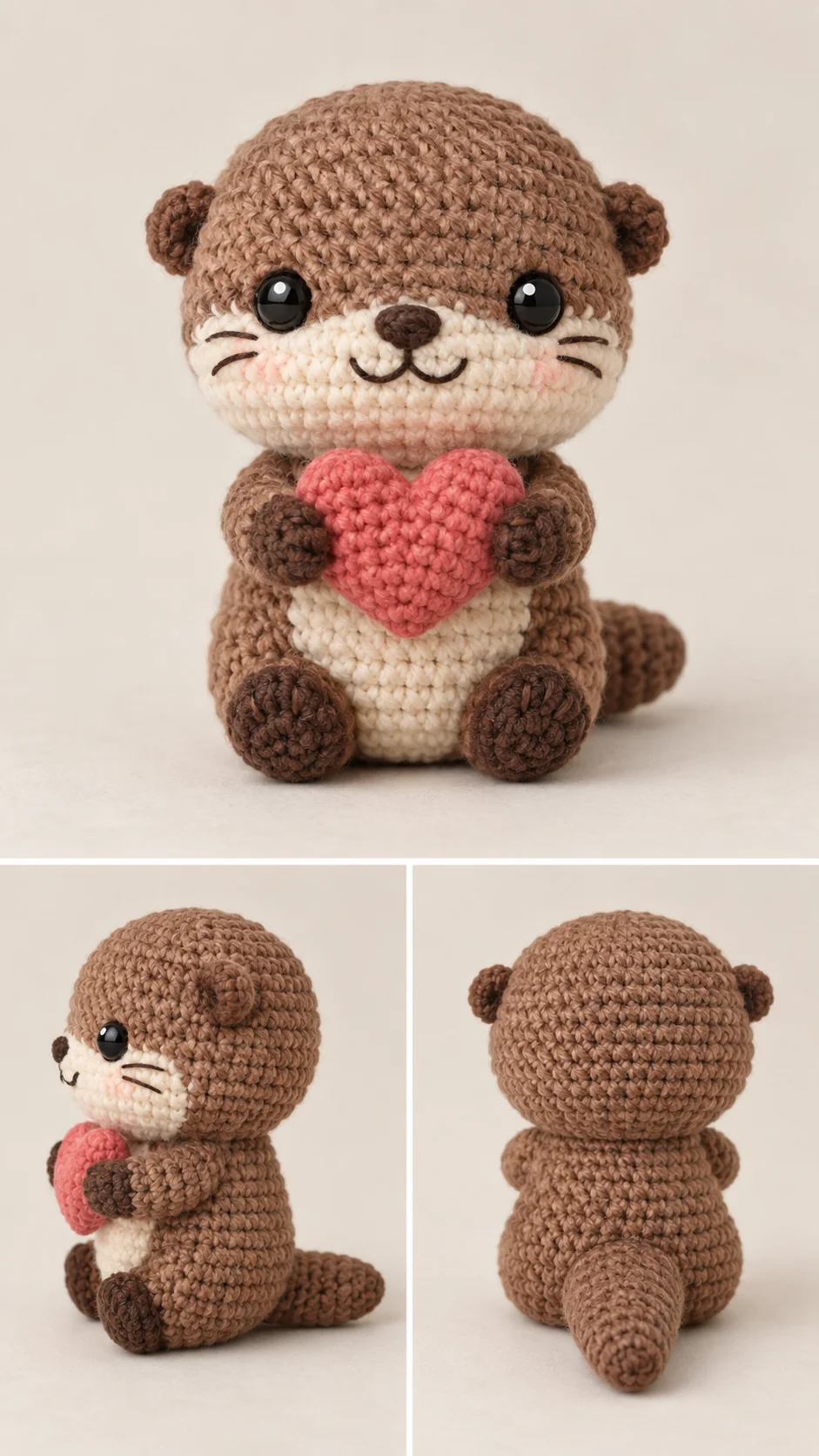 Crochet brown otter amigurumi with a cream face holding a pink heart, shown from three angles