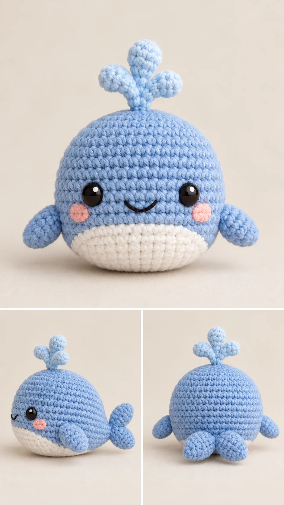 Crochet blue whale amigurumi with a cream belly and a bubbly water spout on its head, shown from three angles