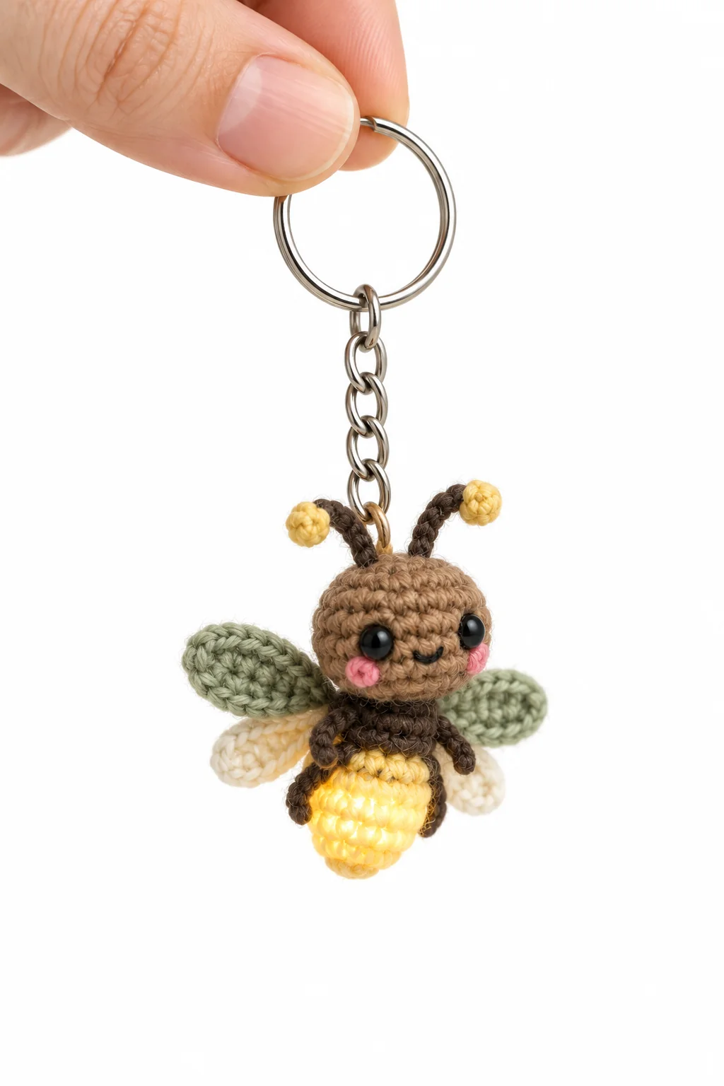 Crochet firefly keychain with a glowing yellow abdomen, green wings and yellow-tipped antennae on a silver keyring