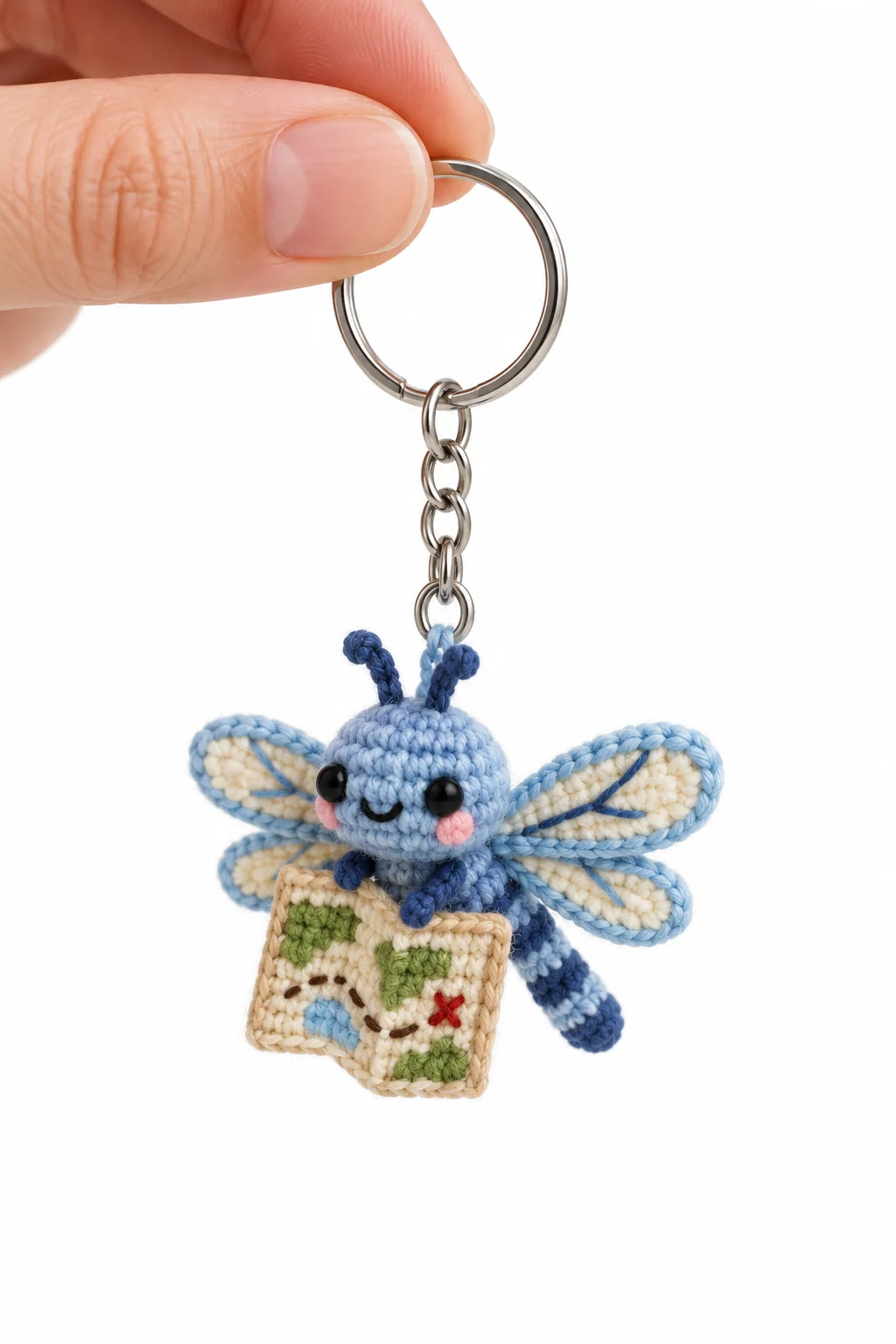 Crochet blue dragonfly keychain holding a tiny treasure map with an X marked spot on a silver keyring