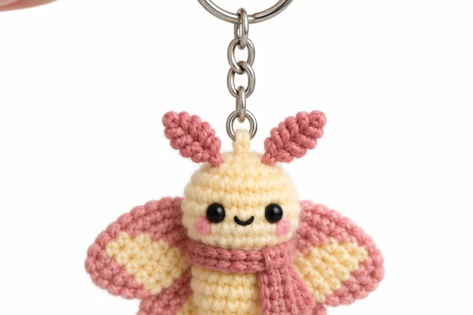 Crochet cream and pink moth keychain with feathered antennae and a pink scarf on a silver keyring