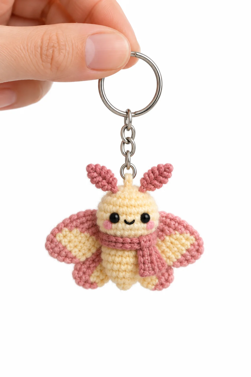 Crochet cream and pink moth keychain with feathered antennae and a pink scarf on a silver keyring