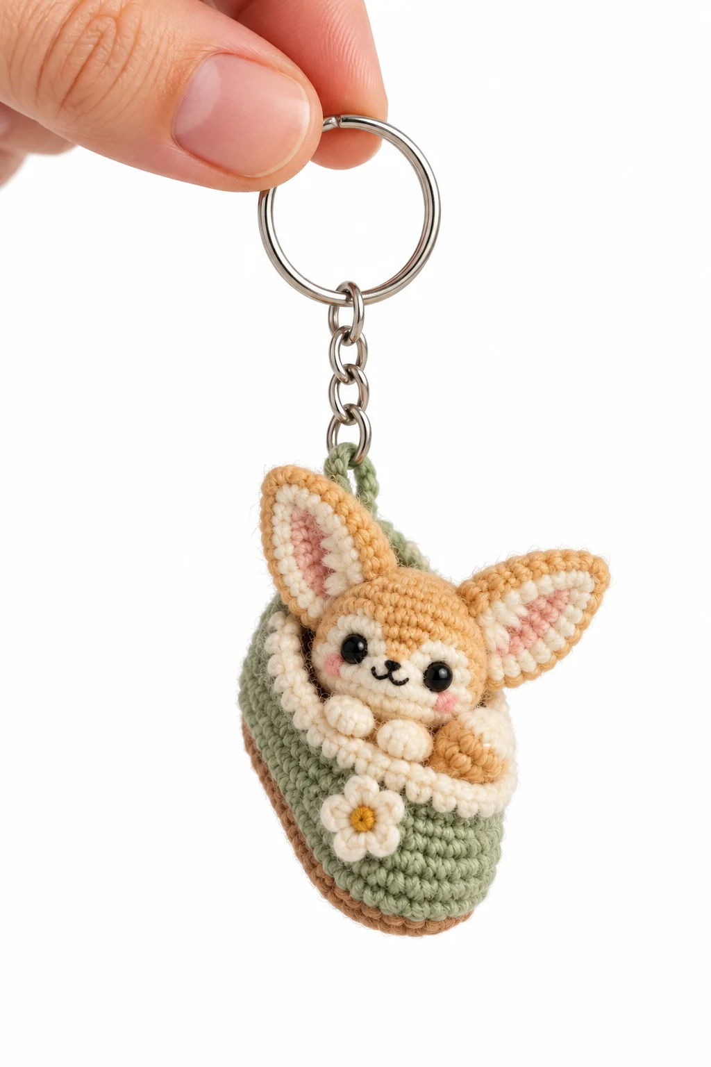 Crochet corgi keychain with big ears tucked inside a green floral sleeping bag on a silver keyring