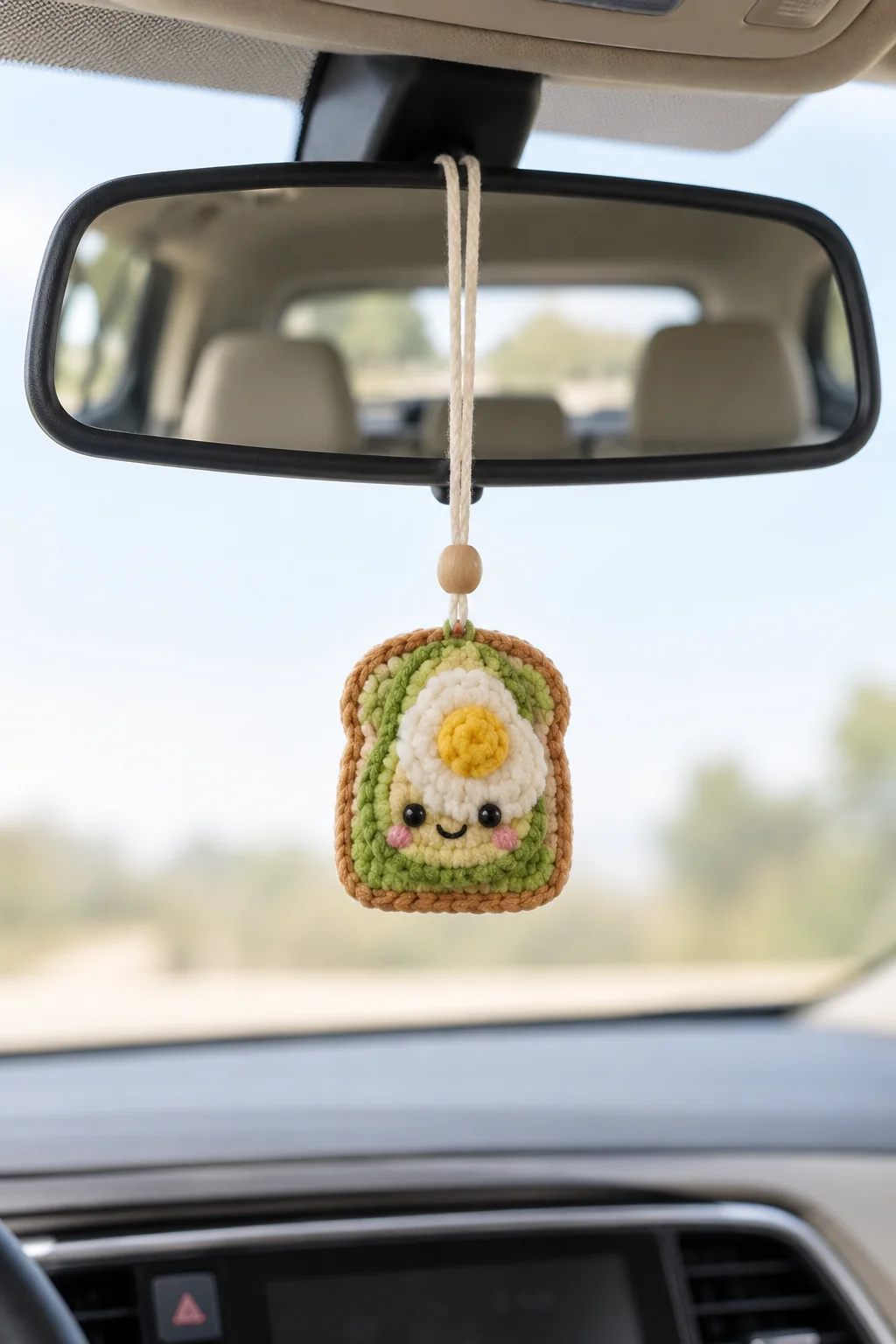 Crochet avocado toast car mirror charm with a fried egg on green avocado and a smiling bread face