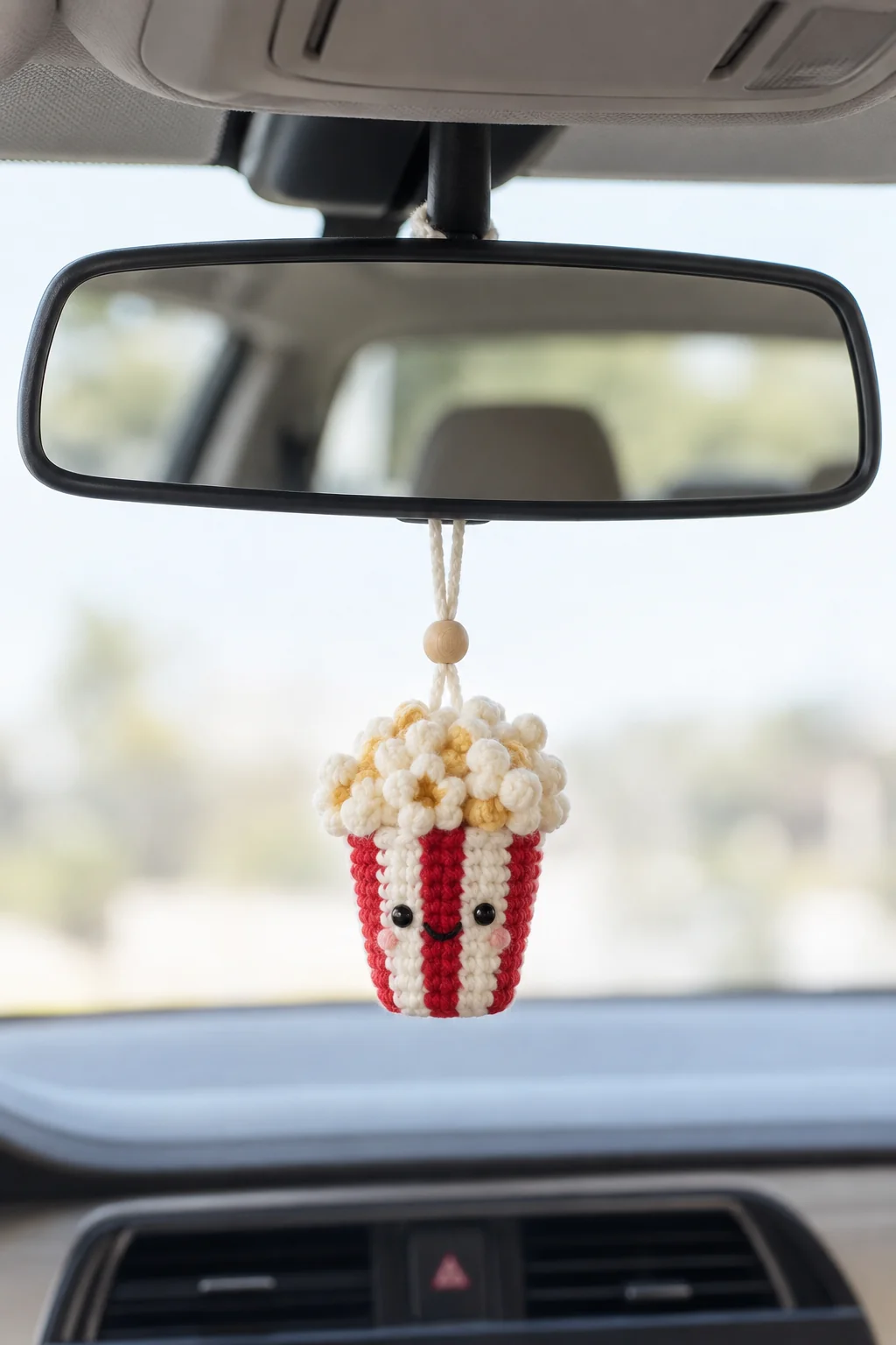 Crochet popcorn bucket car mirror charm with red and white stripes and fluffy buttered popcorn
