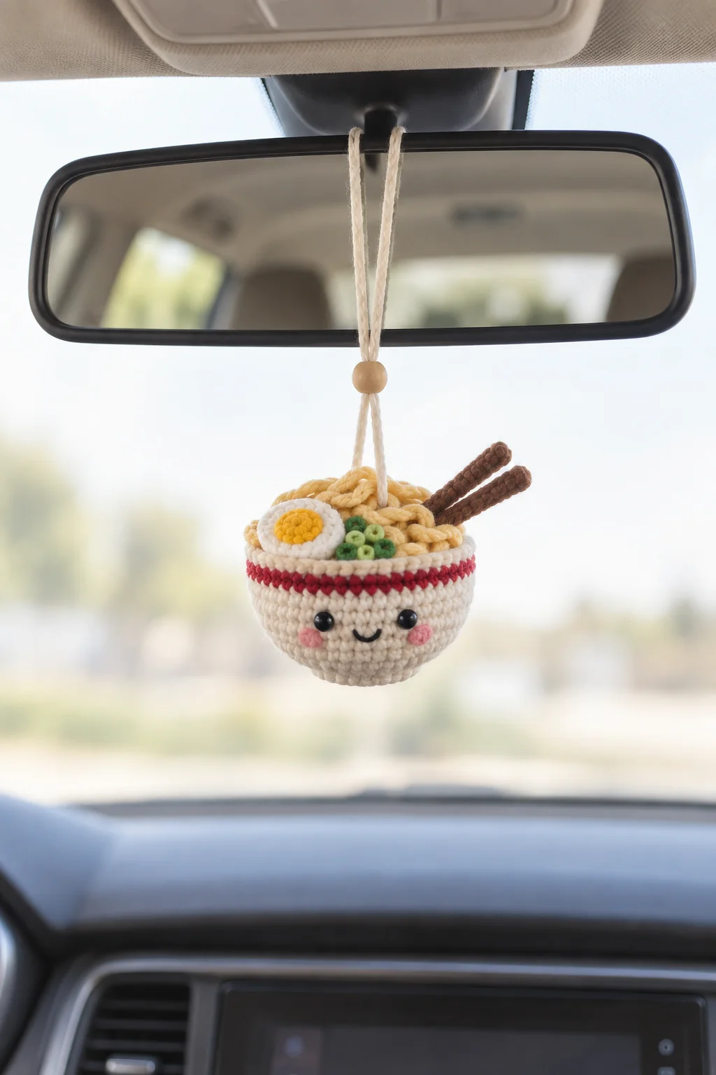 Crochet ramen bowl car mirror charm with curly noodles, soft-boiled egg, green onions and brown chopsticks