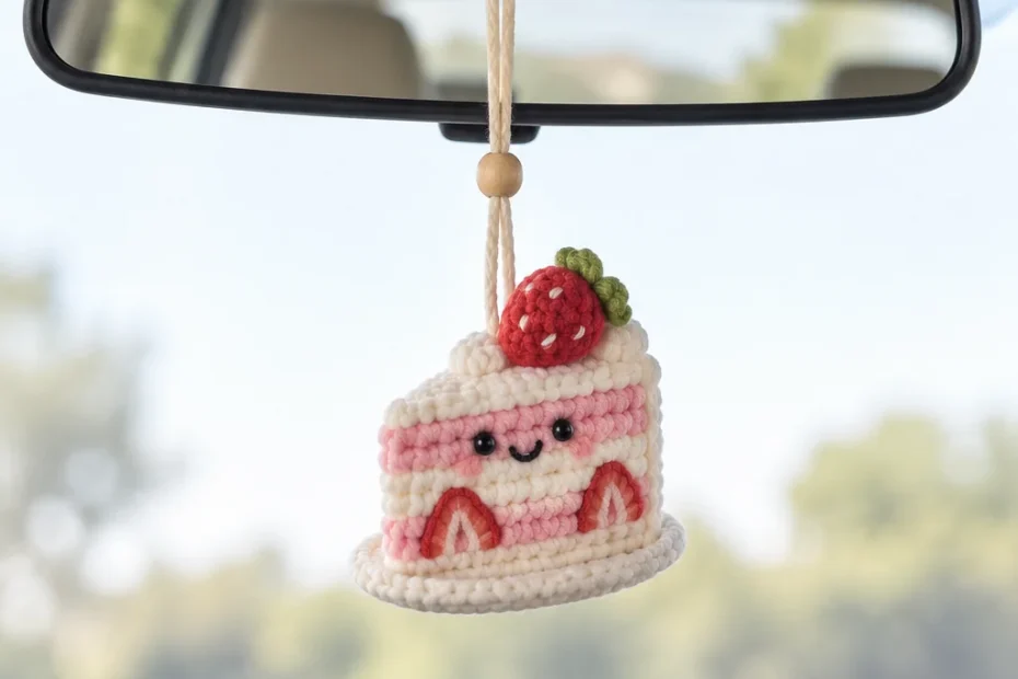 Crochet strawberry cake slice car mirror charm with pink sponge layers, cream frosting and a red strawberry on top