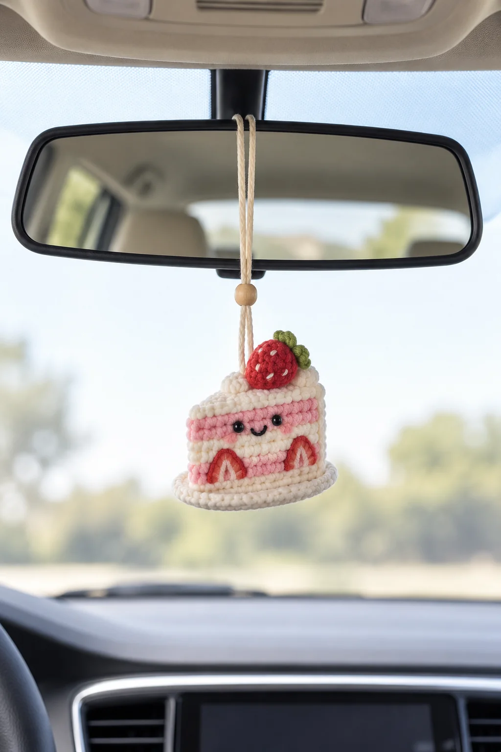 Crochet strawberry cake slice car mirror charm with pink sponge layers, cream frosting and a red strawberry on top