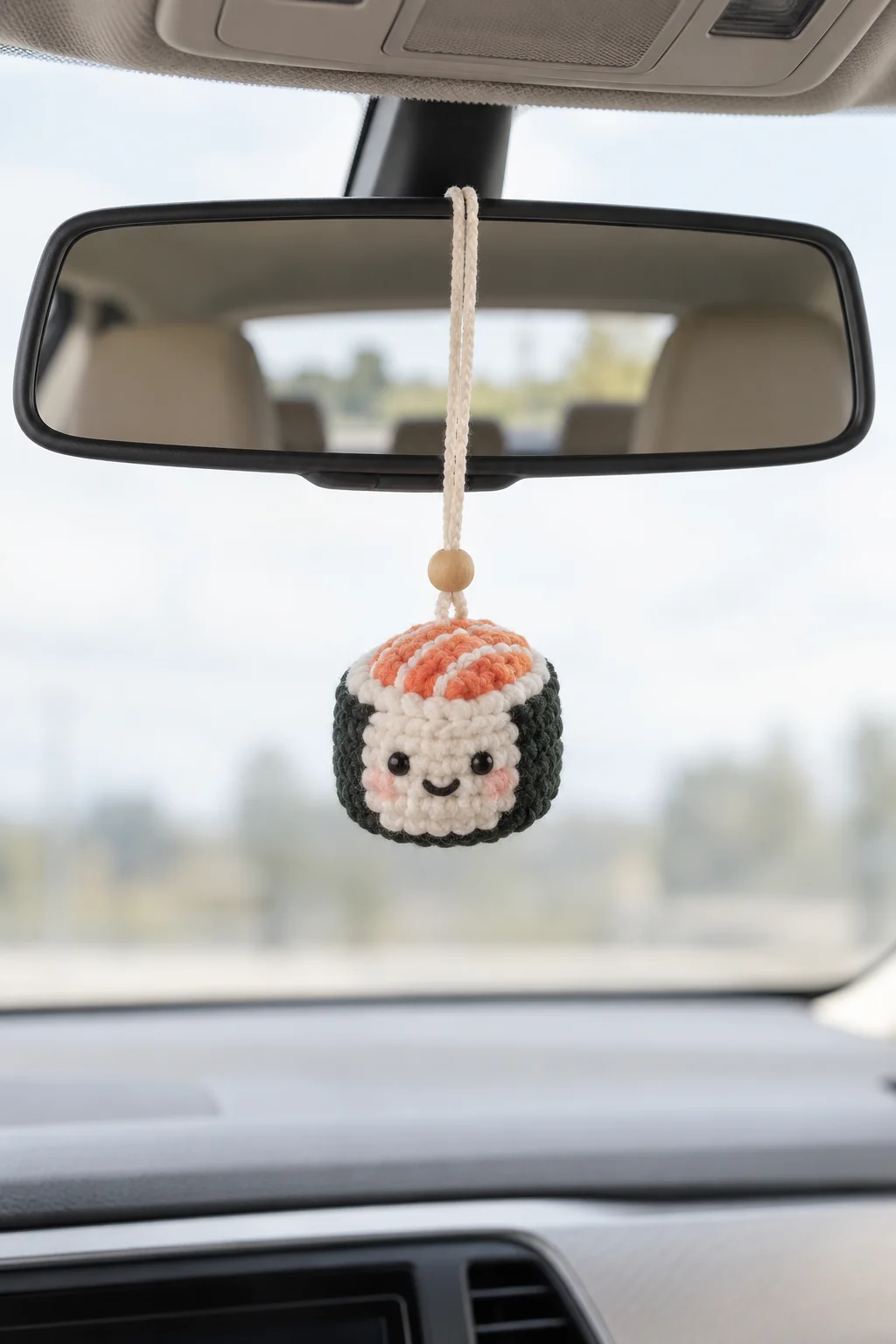 Crochet sushi roll car mirror charm with salmon topping, dark seaweed wrap and a smiling rice face