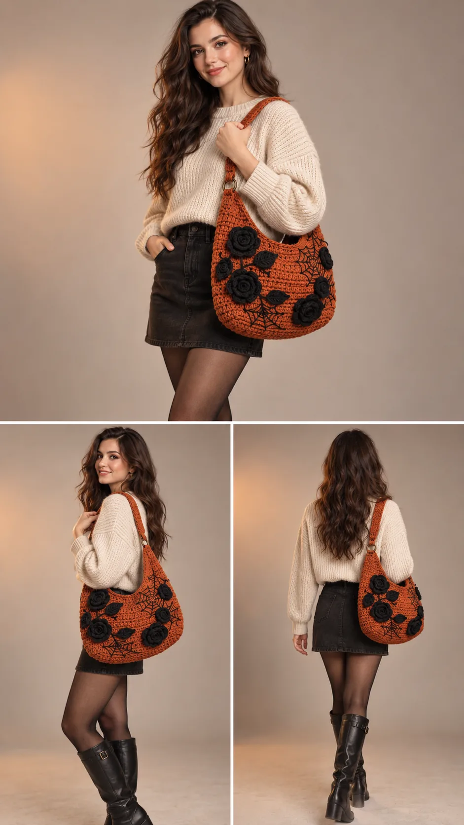 Burnt orange crochet hobo bag with black bat appliqués and round handles, styled with autumn outfit