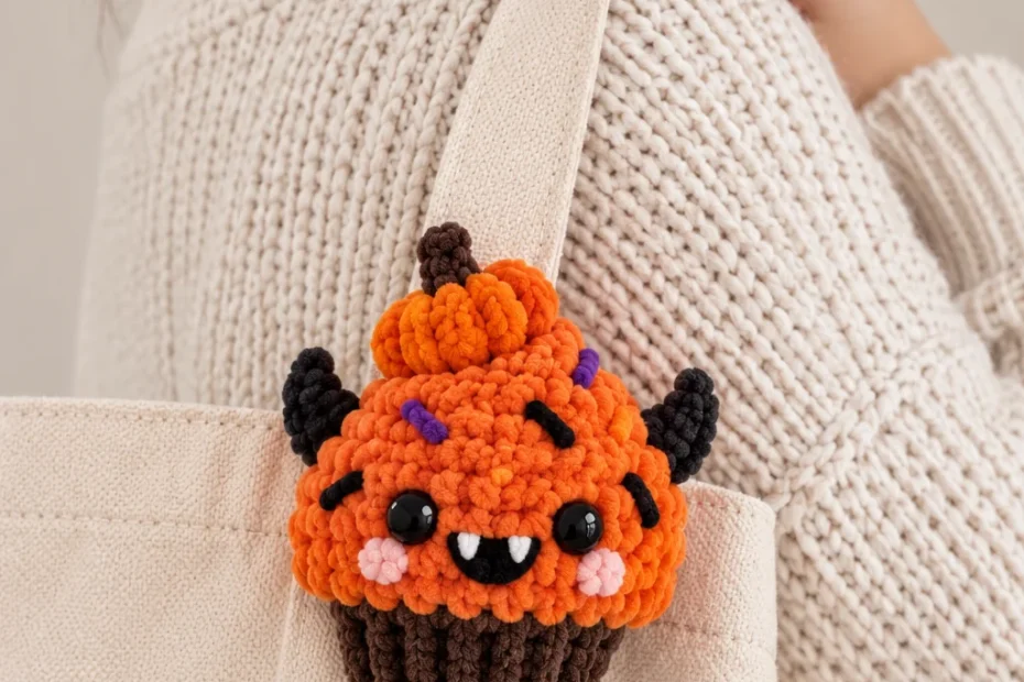 Crochet orange monster cupcake bag charm with fangs, black horns, purple sprinkles and a mini pumpkin on top, on a canvas tote