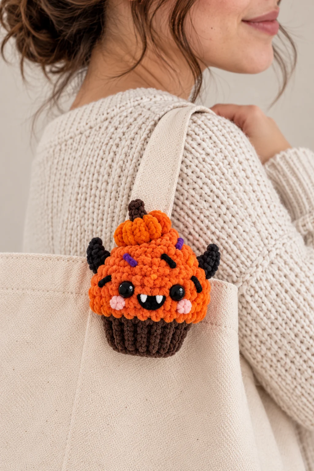 Crochet orange monster cupcake bag charm with fangs, black horns, purple sprinkles and a mini pumpkin on top, on a canvas tote