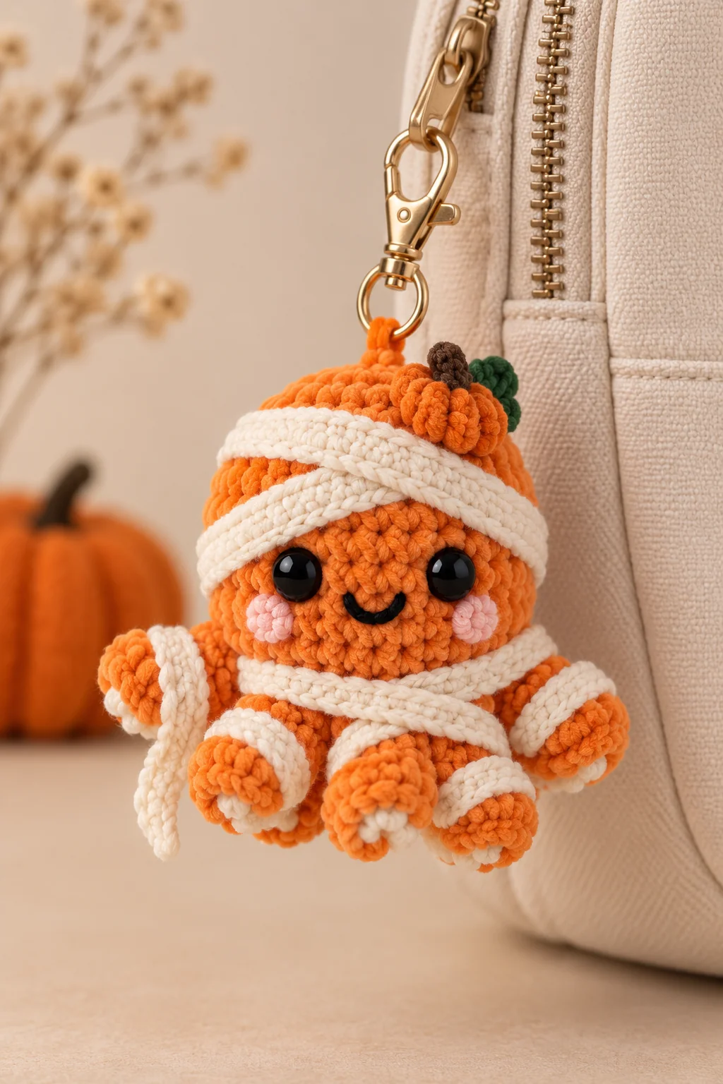 Crochet orange pumpkin bag charm wrapped in loose white mummy bandages with a tiny pumpkin on its head, hanging from a beige bag