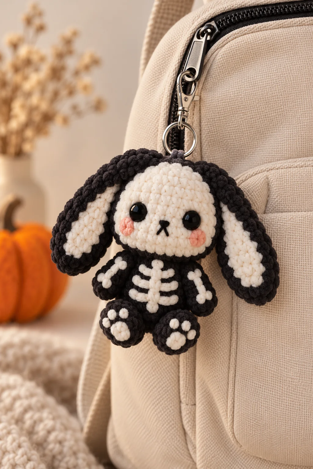 Crochet black and white skeleton bunny bag charm with rib and bone details and floppy ears, hanging from a beige backpack
