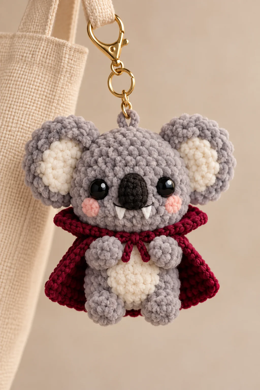 Crochet grey koala vampire bag charm with a deep red cape and tiny white fangs on a gold clasp