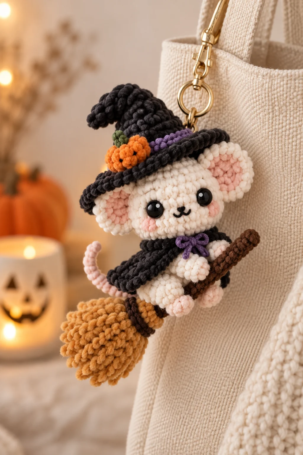 Crochet white mouse witch bag charm with a black hat, purple bow and broomstick, hanging from a canvas bag near a jack-o'-lantern candle