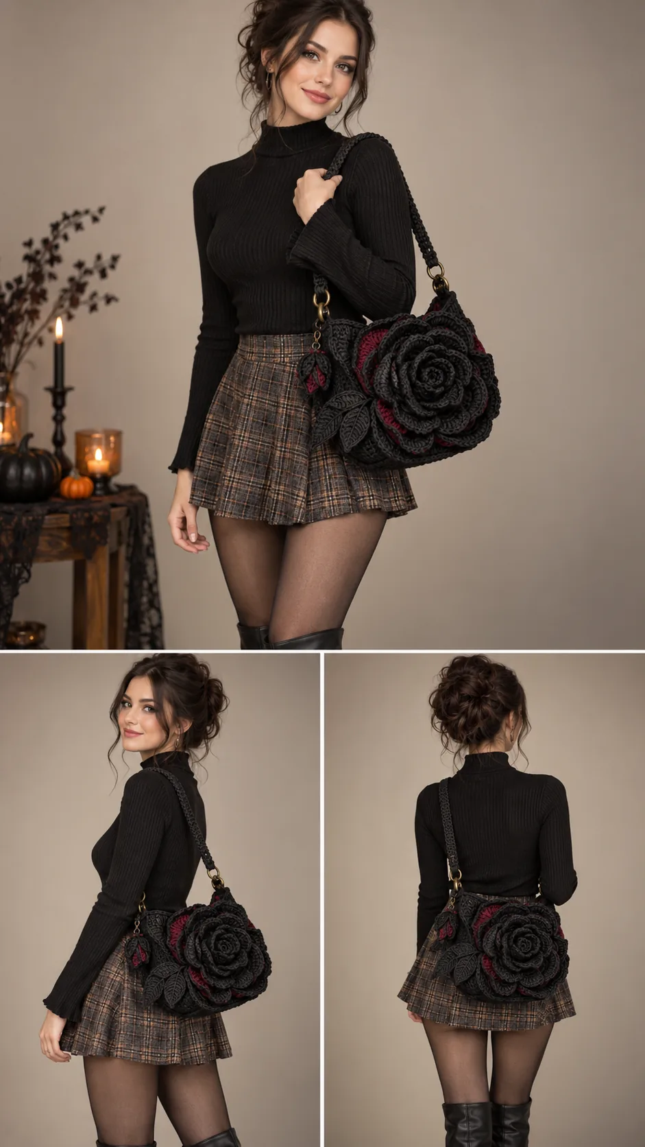 Round black crochet bag shaped like a giant blooming gothic rose with layered petals