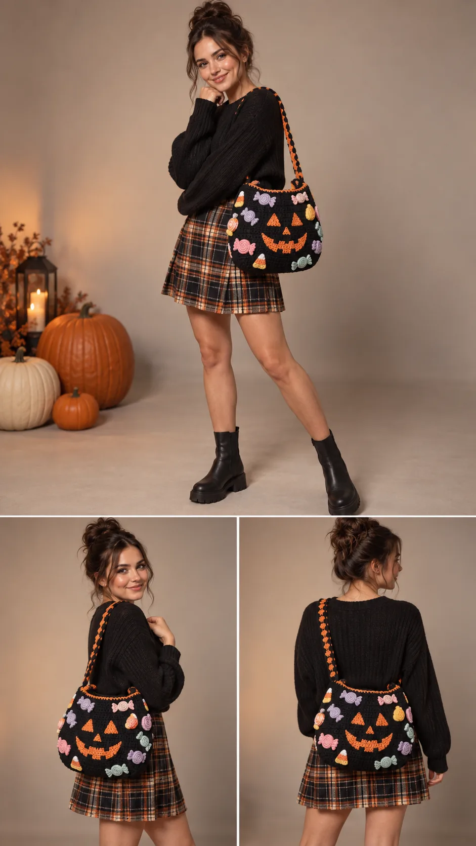Black crochet shoulder bag covered in colorful grinning jack-o'-lantern faces, shown in three model views