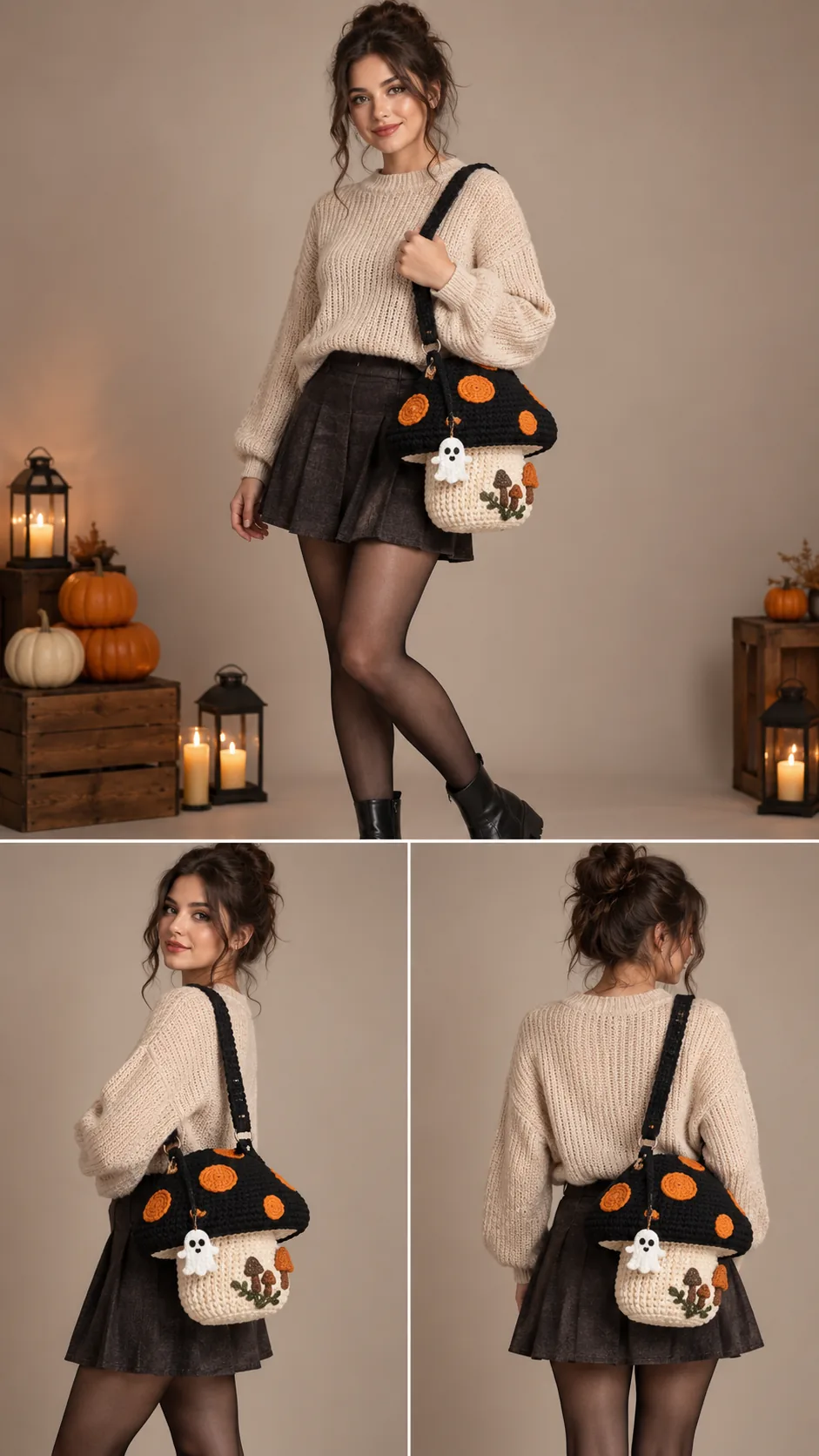 Cream crochet tote bag decorated with orange pumpkins and tiny white ghosts, shown in three model views
