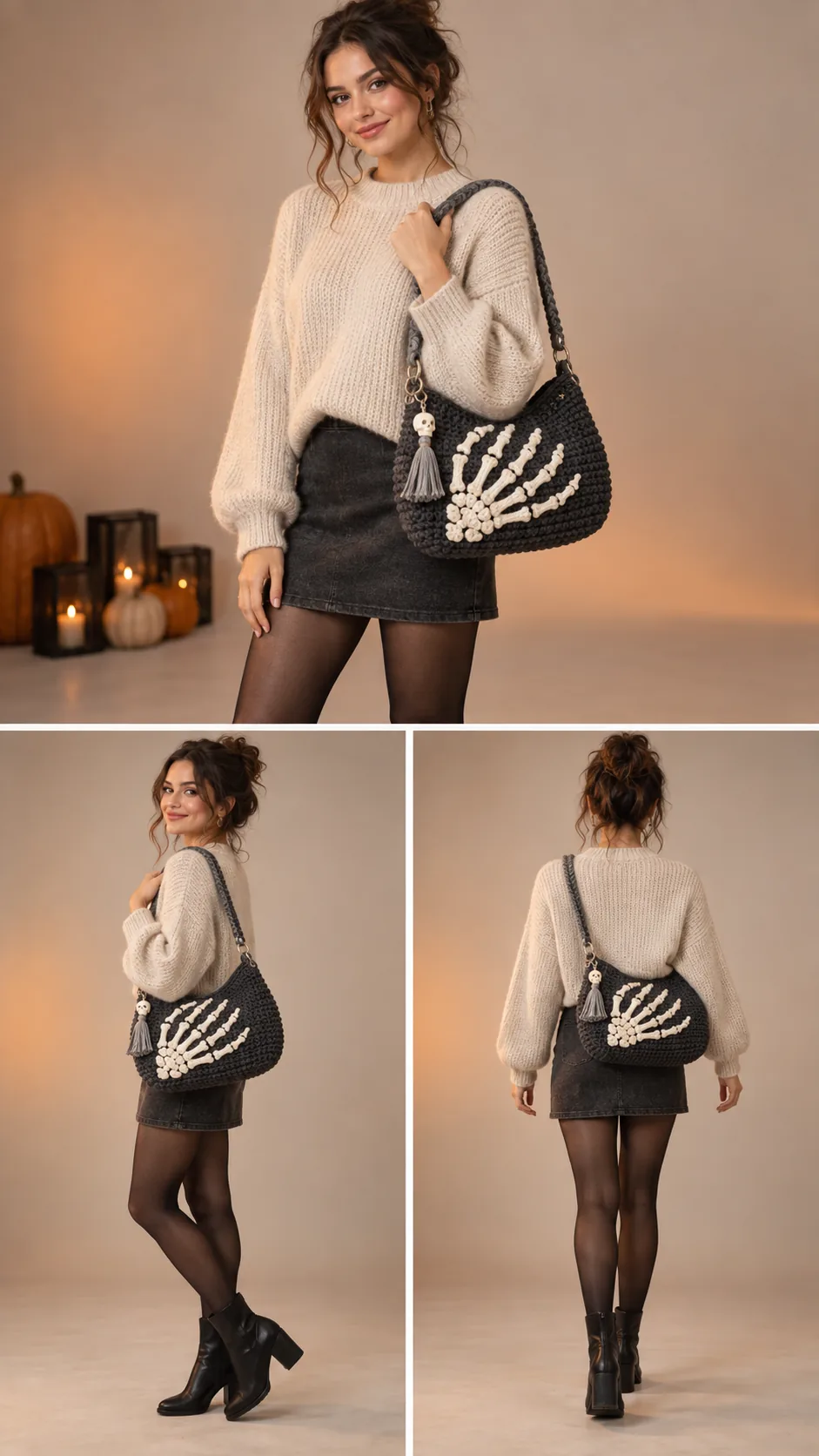 Black crochet handbag with white skeleton hand reaching across the front and a skull tassel charm