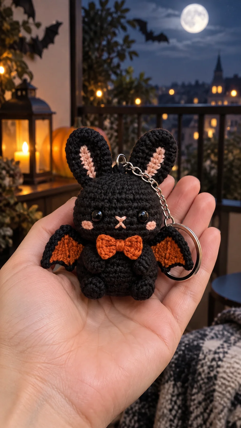 Black crochet bunny keychain with orange bat wings and bow tie under a full moon