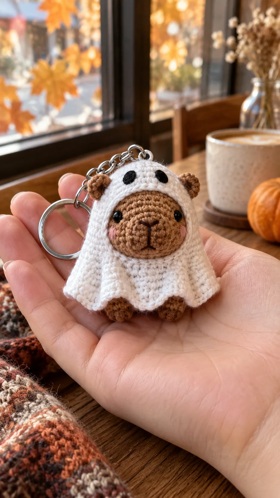 Brown crochet bear keychain wearing a white ghost costume, cozy autumn cafe scene