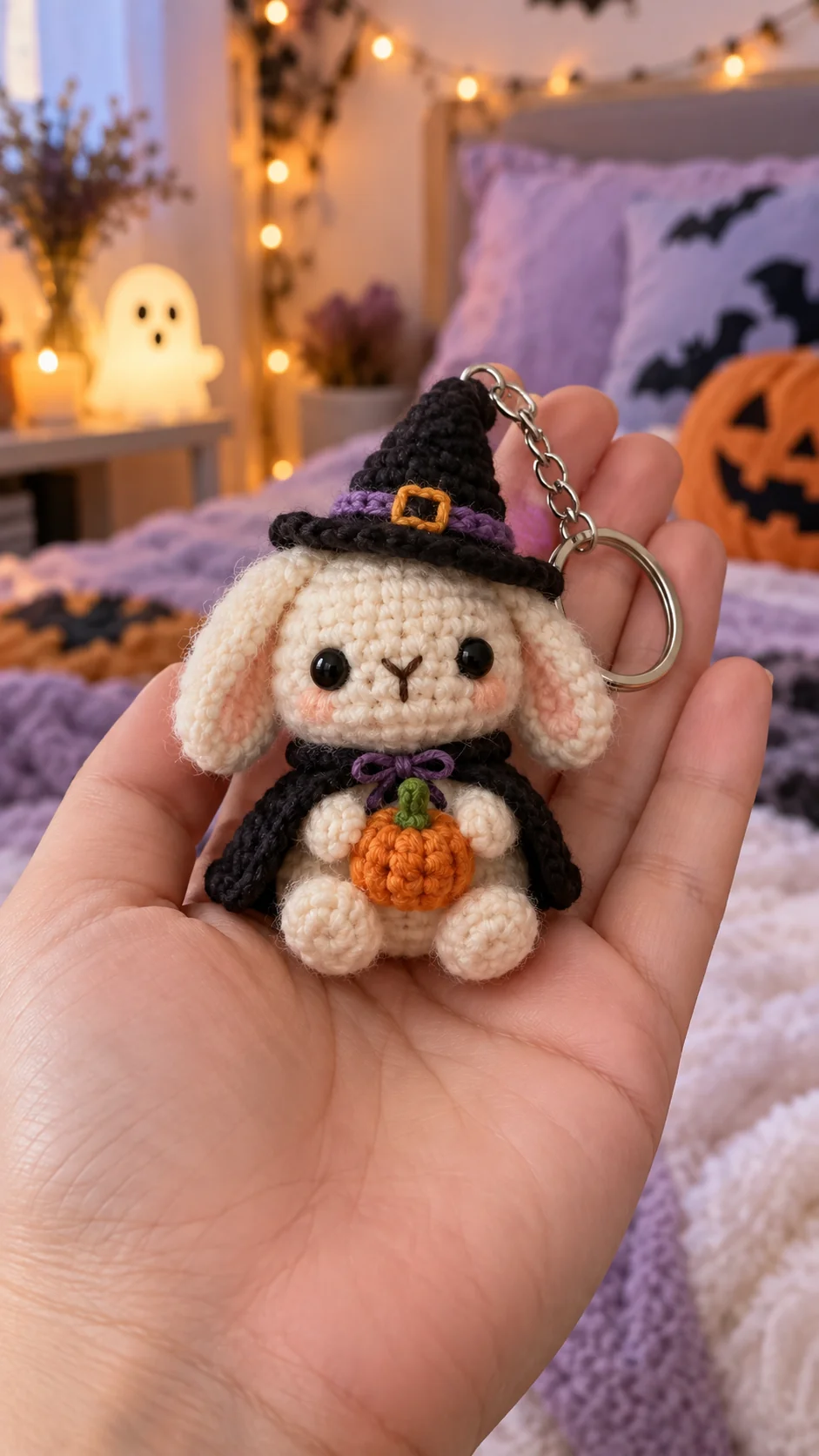 Cream crochet bunny keychain in a witch hat and cape holding a miniature pumpkin