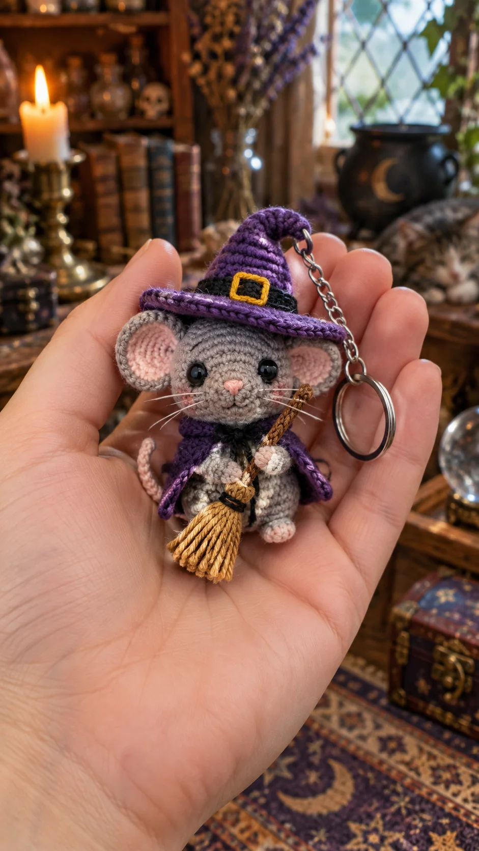 Gray crochet mouse witch keychain with purple hat, cape and tiny broom