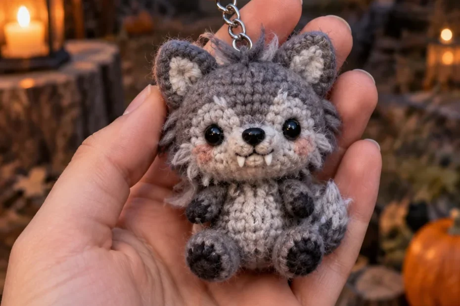 Tiny gray crochet wolf pup keychain with fluffy cheeks, held in hand under a full moon