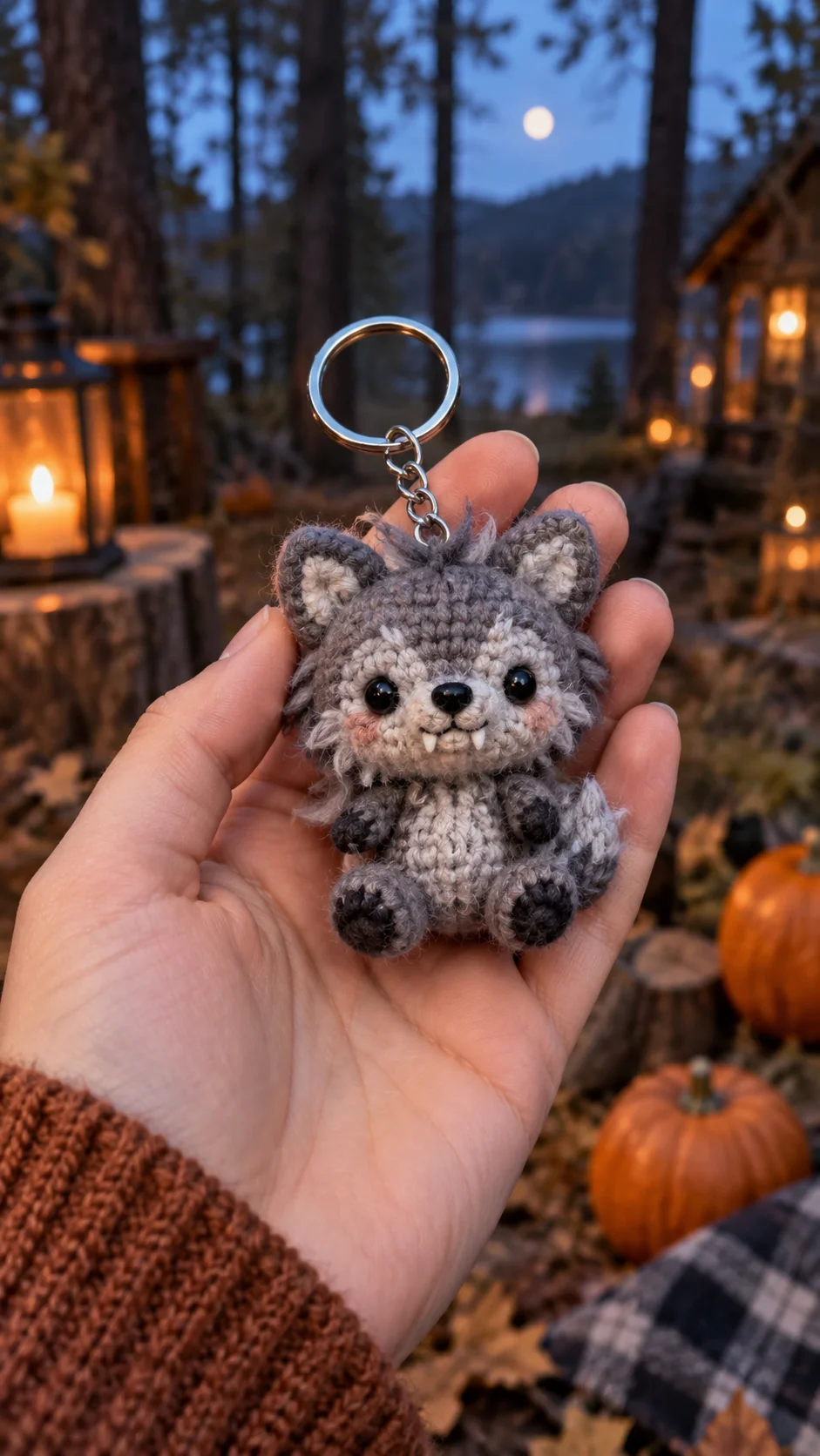 Tiny gray crochet wolf pup keychain with fluffy cheeks, held in hand under a full moon