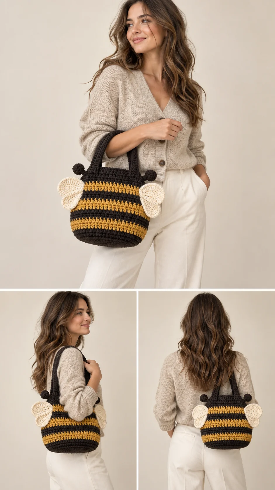 Black and yellow striped crochet bee tote bag with cream wings and antennae, shown on a model