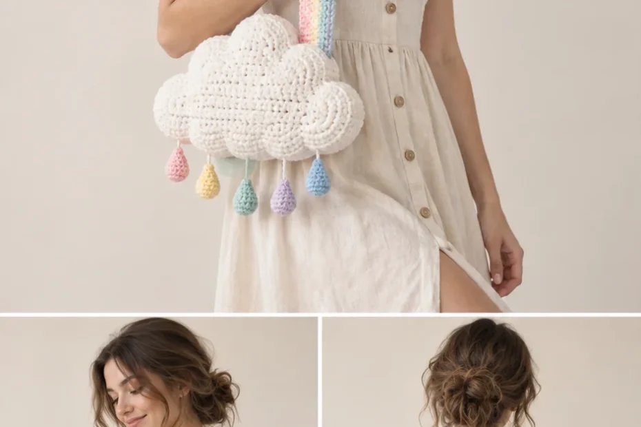 White crochet cloud-shaped shoulder bag with pastel rainbow raindrops and a rainbow striped strap, shown on a model