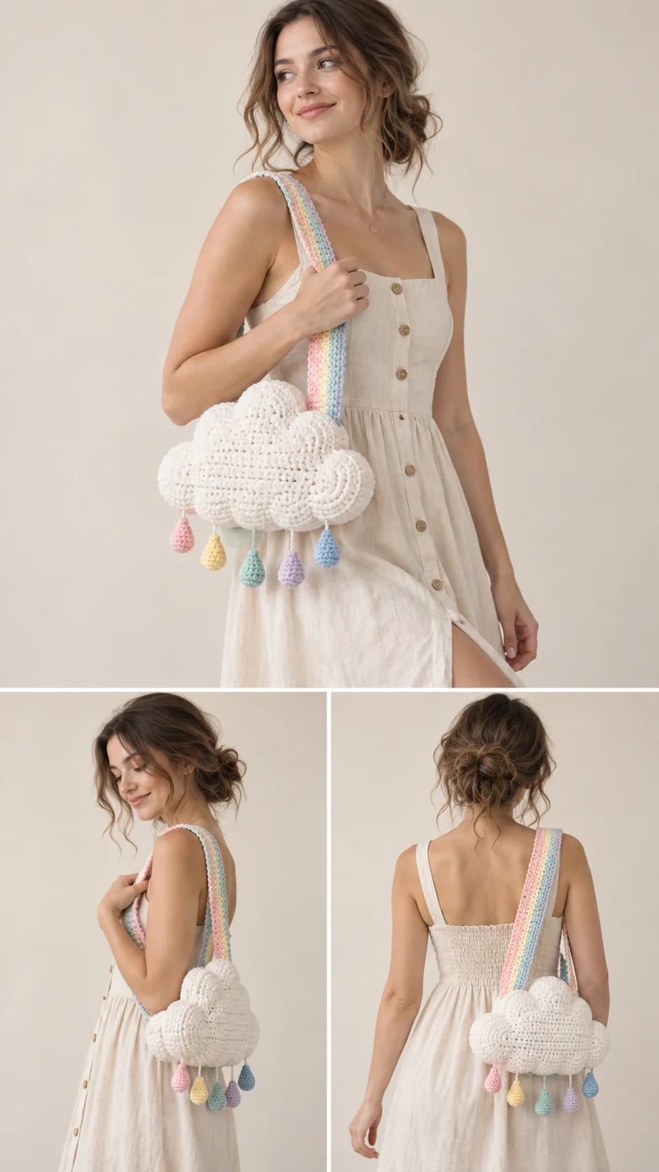 White crochet cloud-shaped shoulder bag with pastel rainbow raindrops and a rainbow striped strap, shown on a model