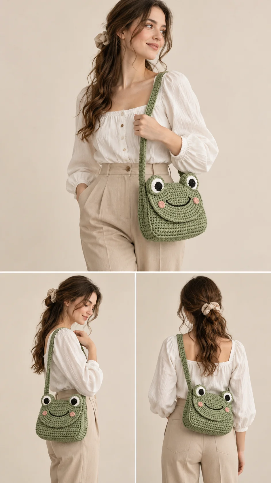 Green crochet frog crossbody bag with big round eyes and a wide smiling face, shown on a model