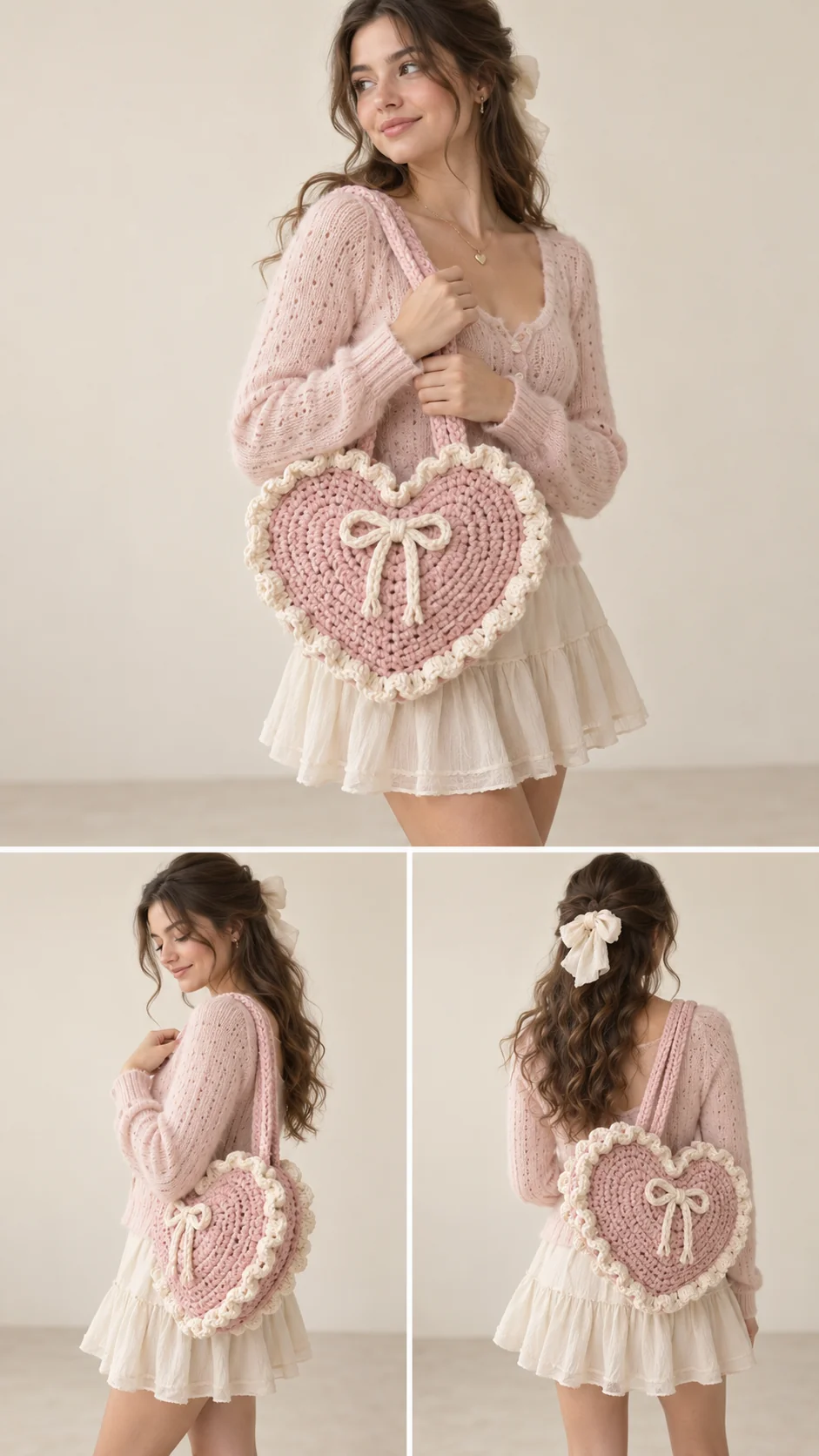 Pink crochet heart-shaped shoulder bag with cream ruffled trim and a small bow, shown on a model