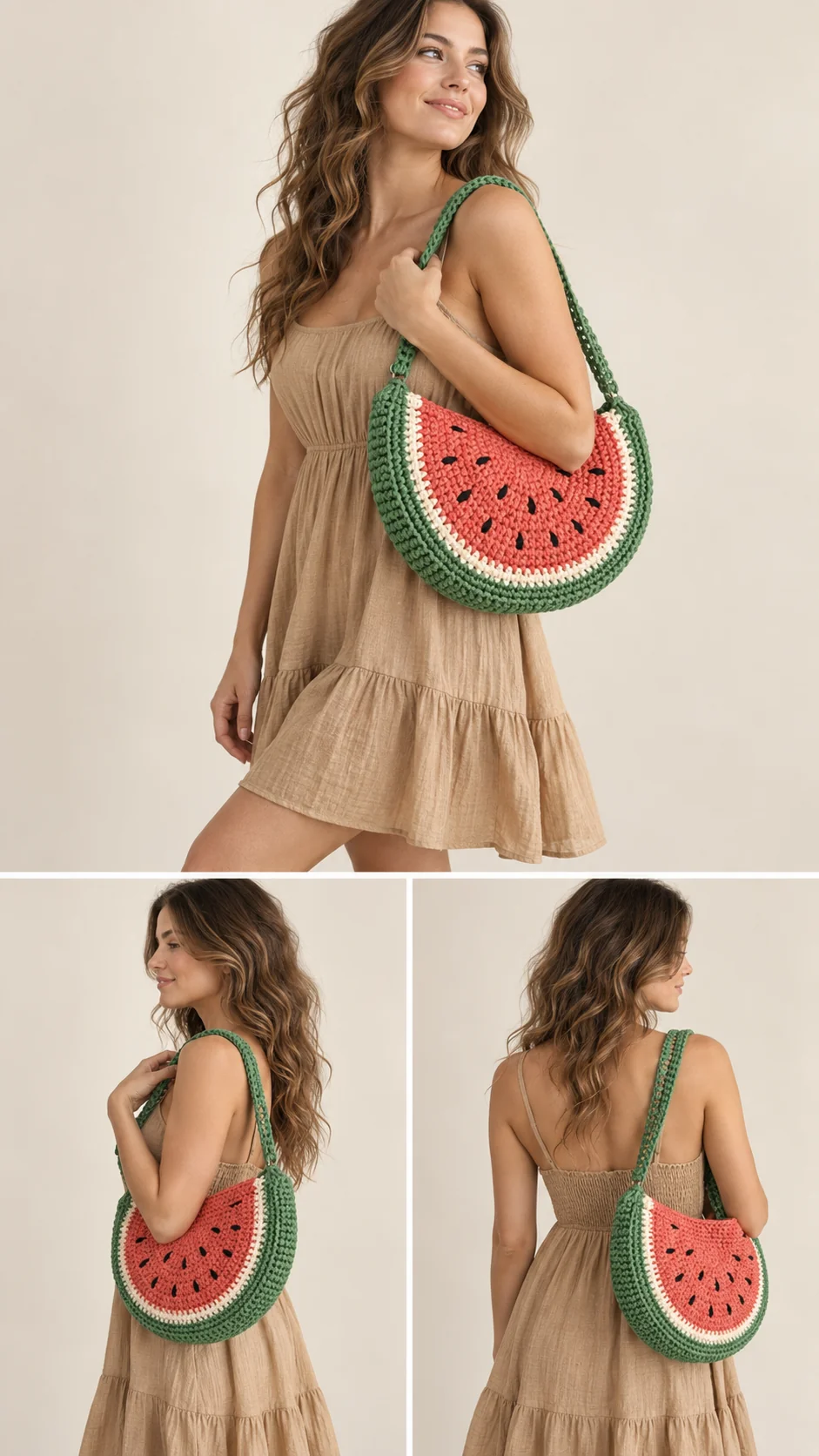 Crochet watermelon slice shoulder bag in pink, white and green with black seeds, shown on a model