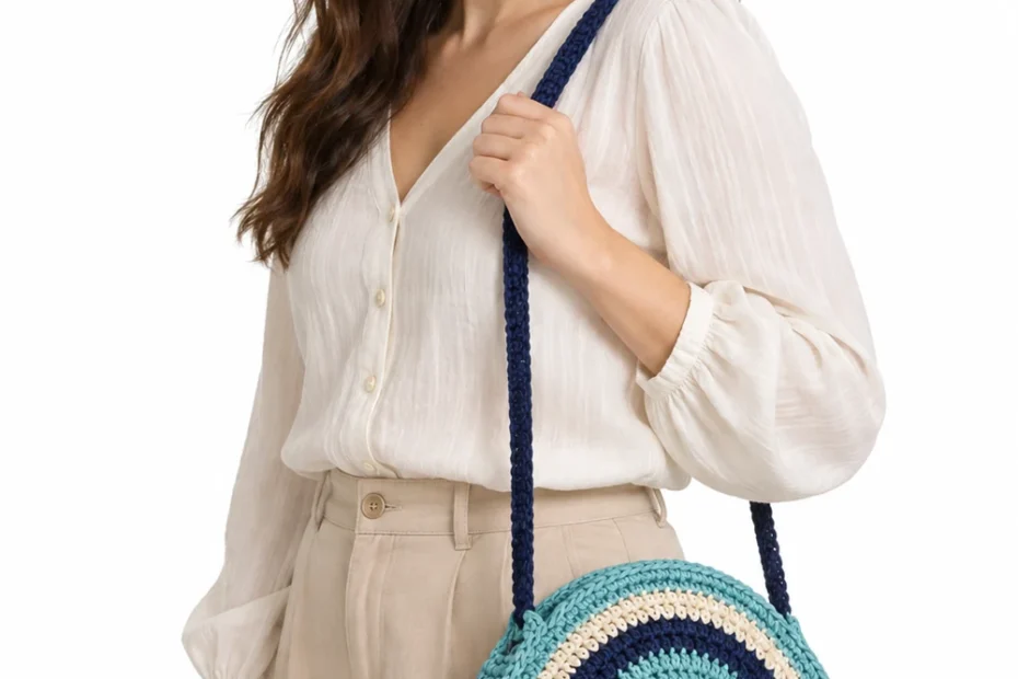 Aqua crochet shoulder bag with concentric tide ring texture